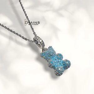 Gummy Bear Necklace Baby blue Silver Stainless steel 5A Cubic Zircon women girls